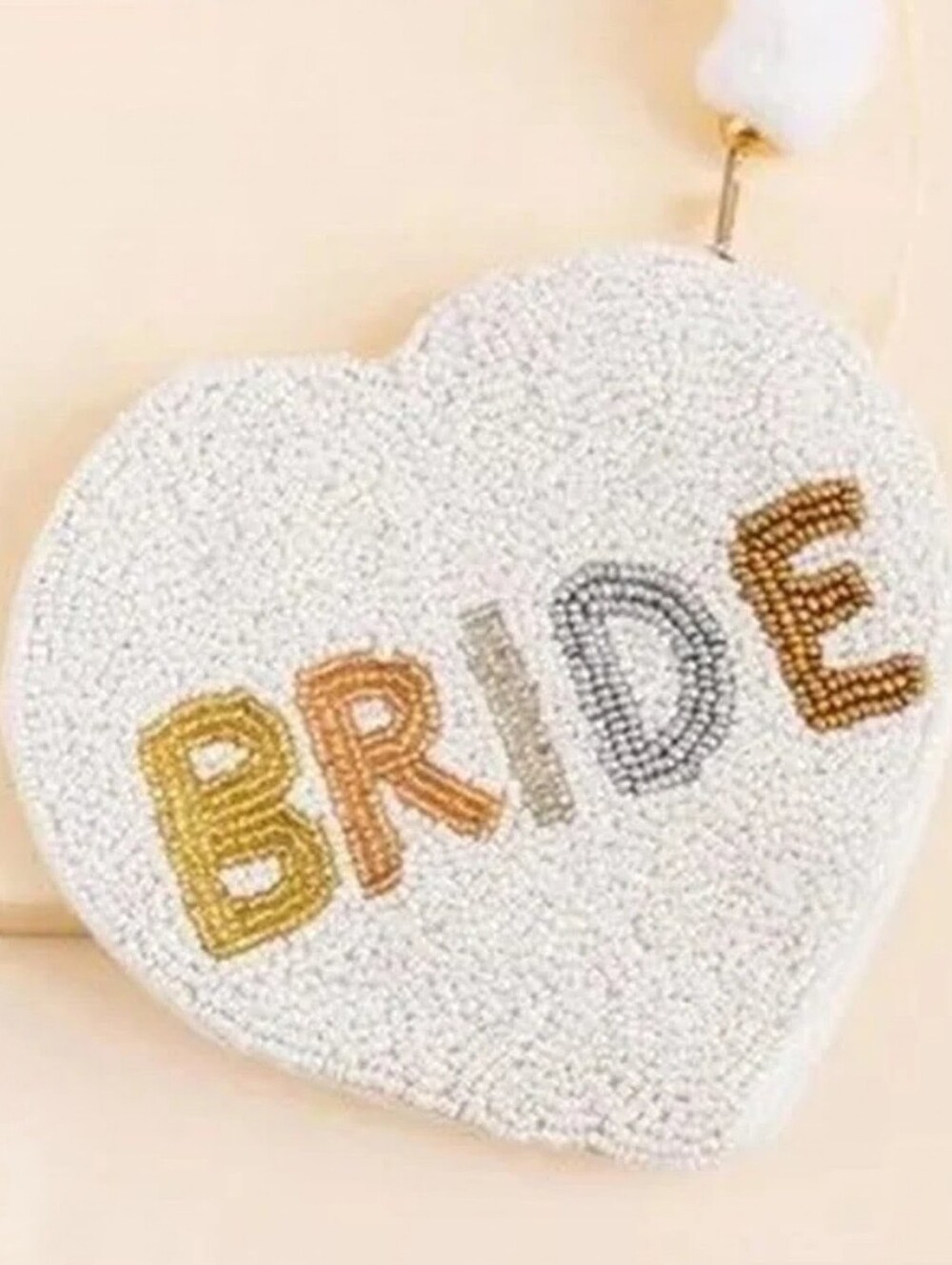 White Beaded Heart 'BRIDE' Pouch with Pom Pom